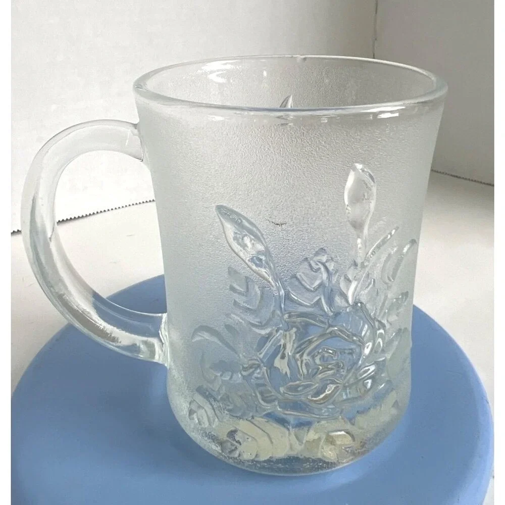 Vtg Pasari Livia‎ Rose Indonesia Frosted Glass Coffee Tea Cup Mug 8 oz GB-1199